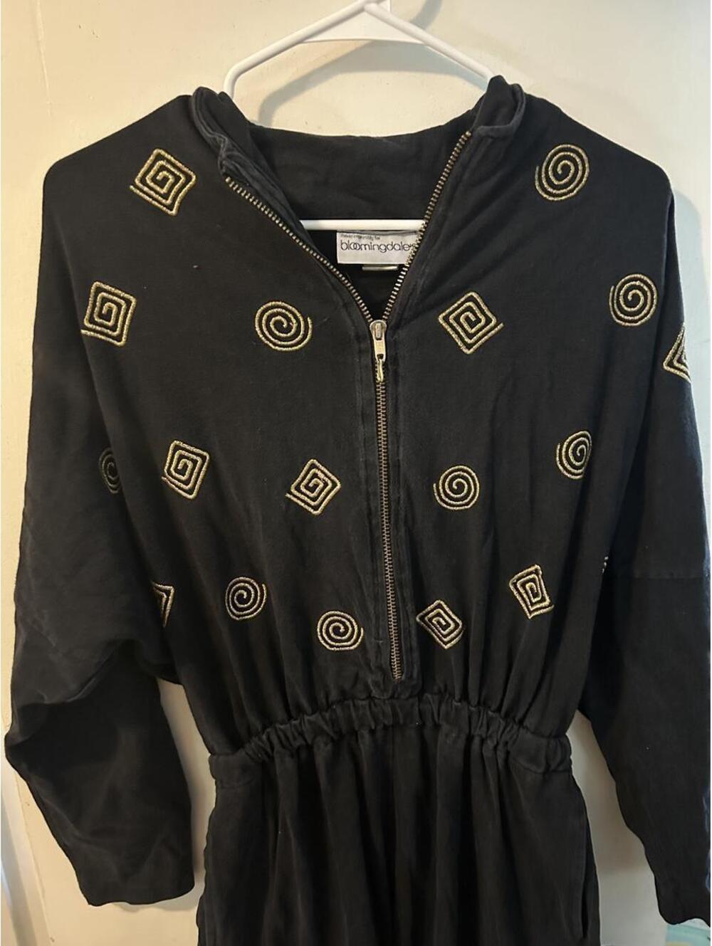 Vintage Bloomingdale’s Black zip up jumpsuit with gold geometric shapes, size XL